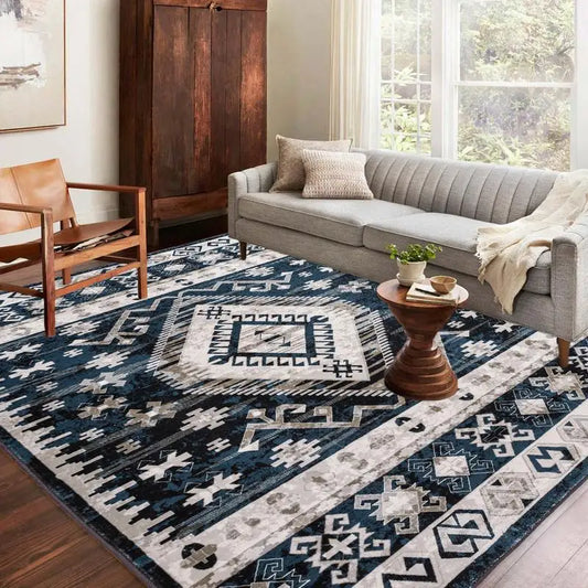 8x10 Vintage Bohemia Large Non-Slip Washable Area Rug ..Geometric Blue/Black Design