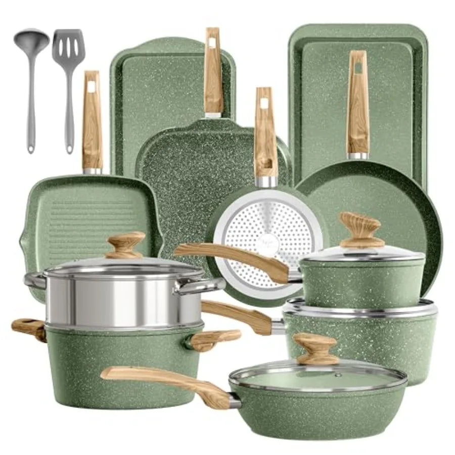 17 Piece Pots and Pans Set Non Stick Nonstick Induction Granite Kitchen Cookware Set. Durable Induction Compat