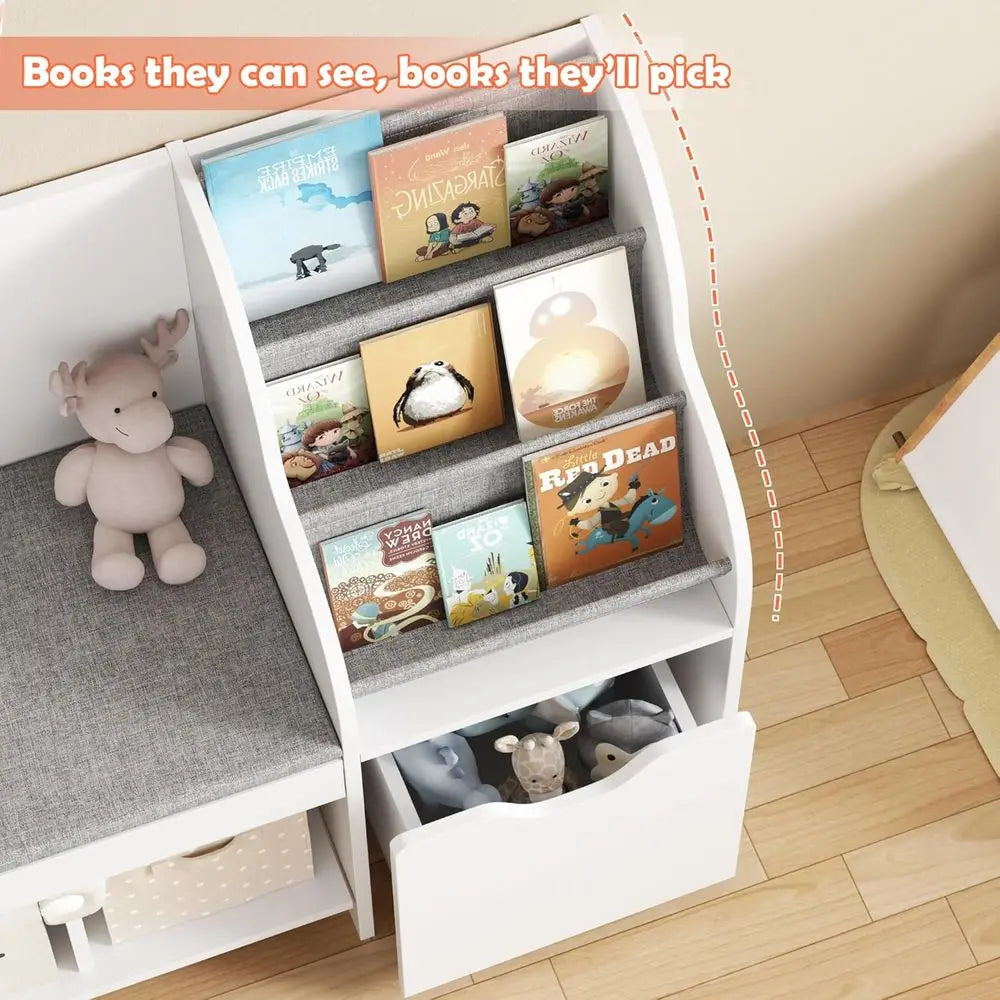 Children's Reading Corner with Storage, Animal Holder, Cushioned Seat,.