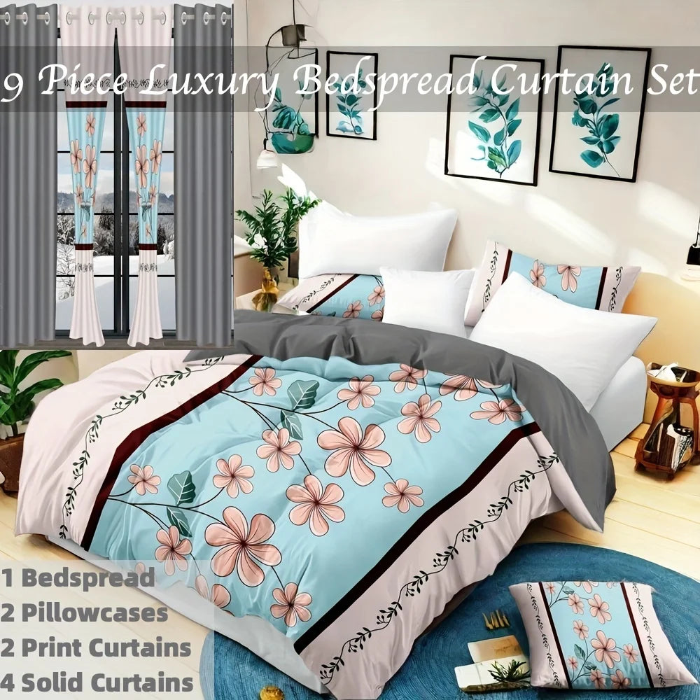 9 Piece Luxury Bedspread And Curtain Set Purple Floral Microfiber All Season