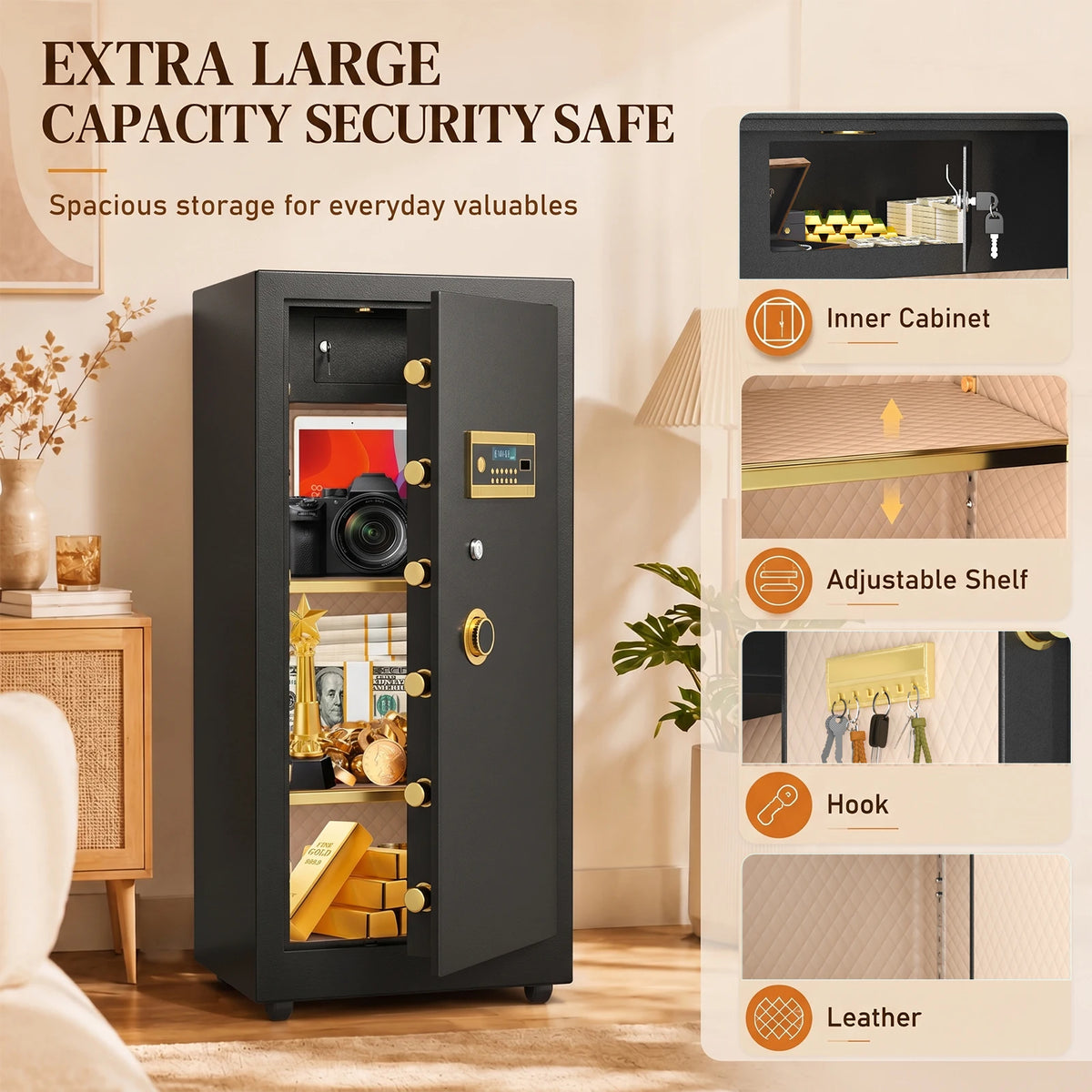 Kavey 10.0 Cub Home Safe with Adjustable Shelve.Heavy Duty Safe with Solid Bolts, LCD Screen, Separate Lock Box, Extra Large Safe Box.