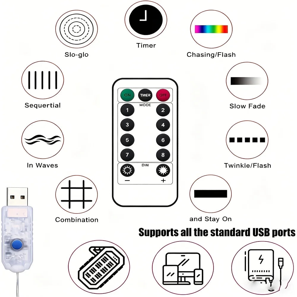 19.05ft Warm White USB- Curtain Lights with 8 Lighting Modes & Multi-Shape String Lights Suitable .(No Curtain Included)