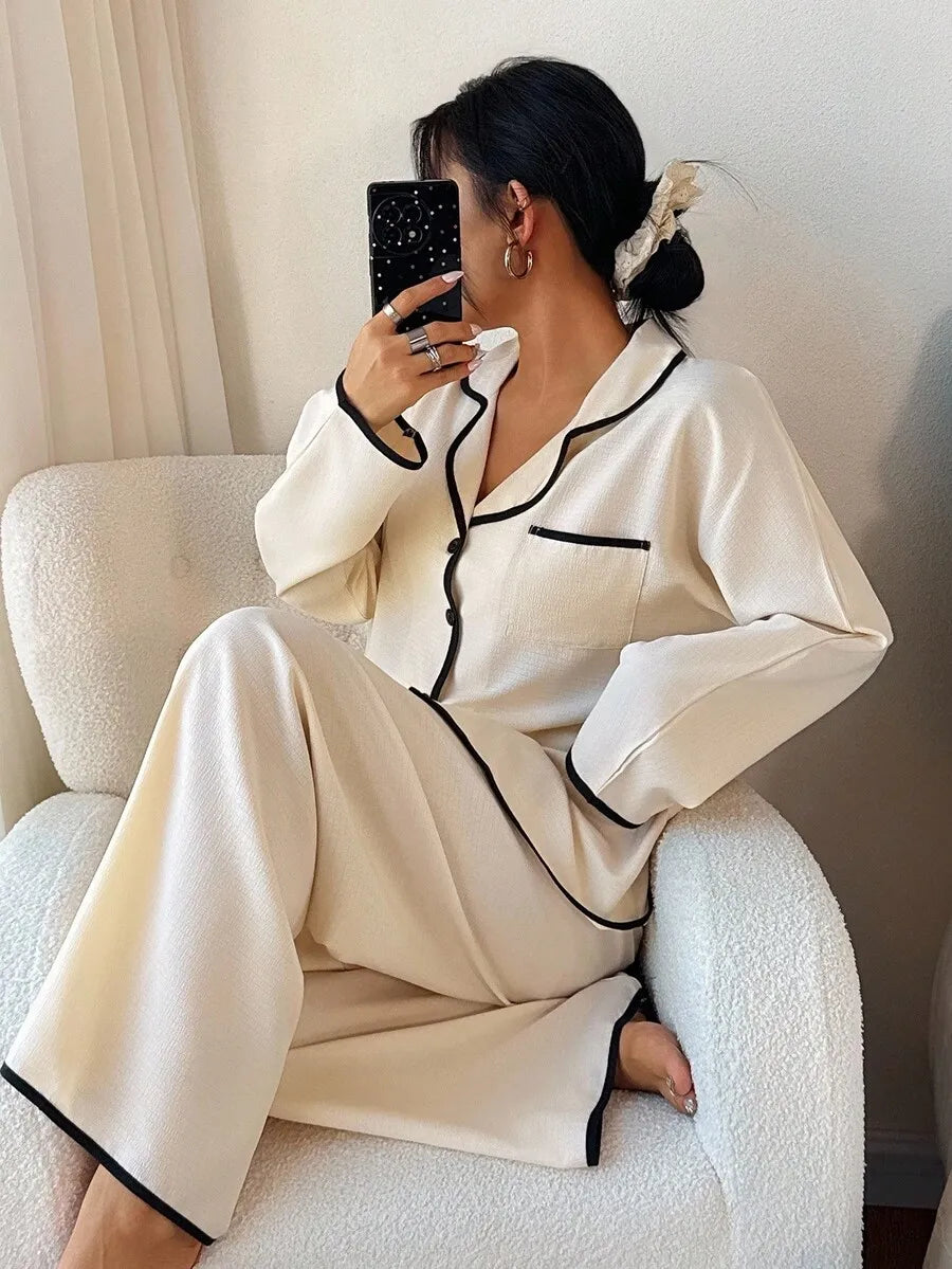Womens Contrast Trim Lapel Loose Long Sleeve Pajama Set Light Green
