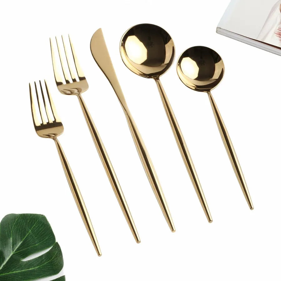 18/10 Gold Silverware Set, 5pc Mirror Polished Modern Silverware Set, .