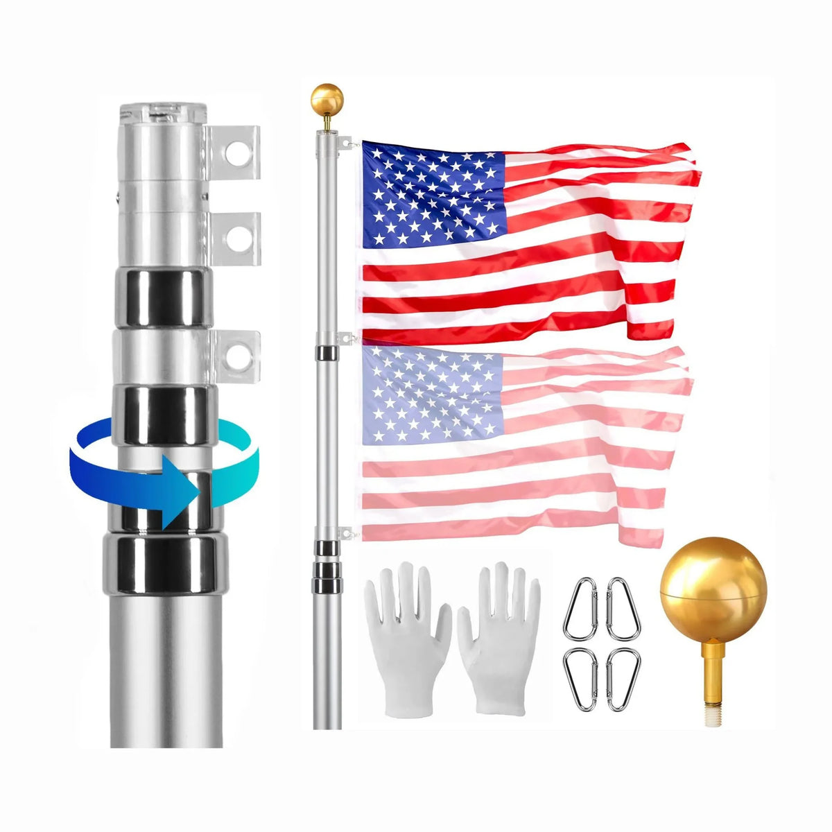 20FT Heavy Duty Telescoping Flagpole Kit,  3x5 American Flag for Outside