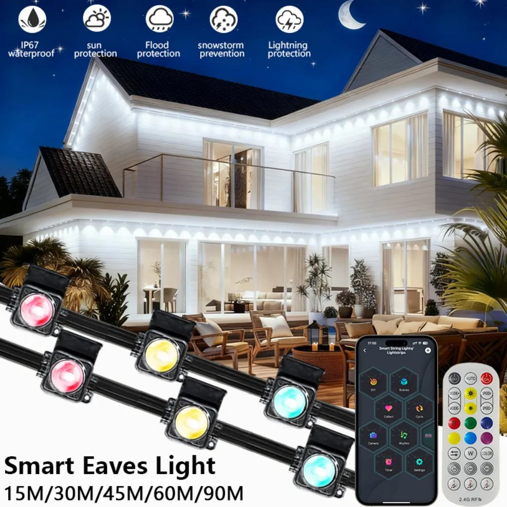 300ft Smart Eave Lights 180LEDS Permanent Outdoor Lights LED String Lights App Remote Waterproof .