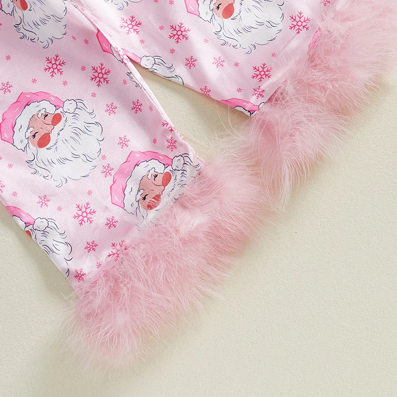 2024-08-02 Lioraitiin Toddler Baby Girl 2Pcs Christmas Pajamas Long Sleeve Feather Trim Shirt + Pants Set Sleepwear
