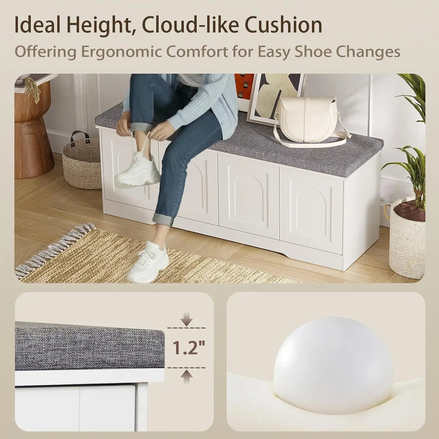 Shoe Bench. Storage Bench With Doors Cushion Two Tier Shoe Rack. White