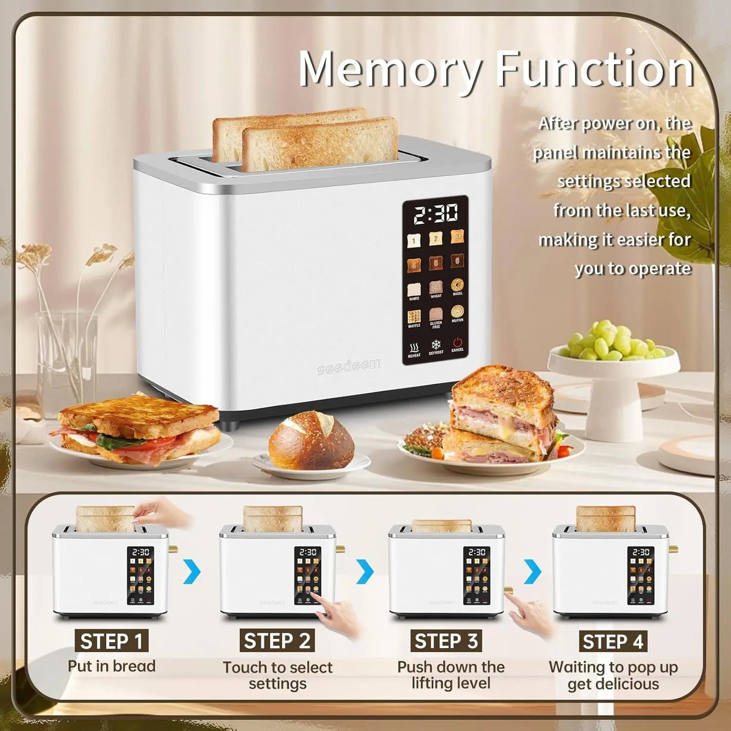 Toaster 2 Slice, Touch Control Screen, Smart Stainless Toaster, 6 Shade Setting, 6 Bread Selection, Countdown, Removable Crumb Tray, .