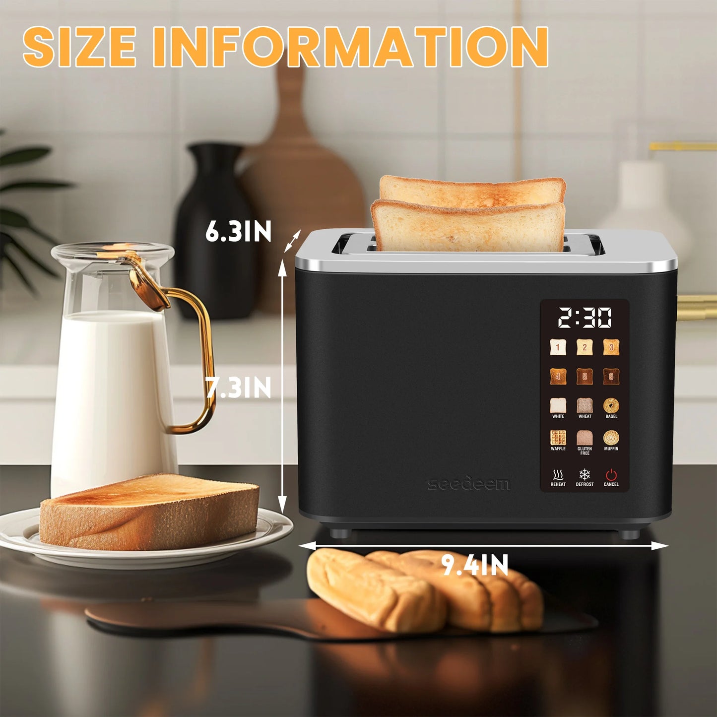 Toaster 2 Slice, Touch Control Screen, Smart Stainless Toaster, 6 Shade Setting, 6 Bread Selection, Countdown, Removable Crumb Tray, .
