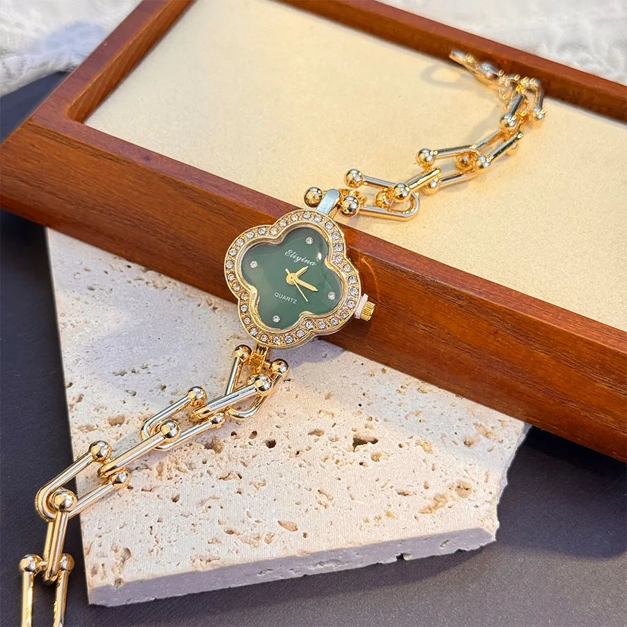 Lucky Four-Leaf Clover Design Women's Watch with Gold Chain and Gem-Studded Bezel