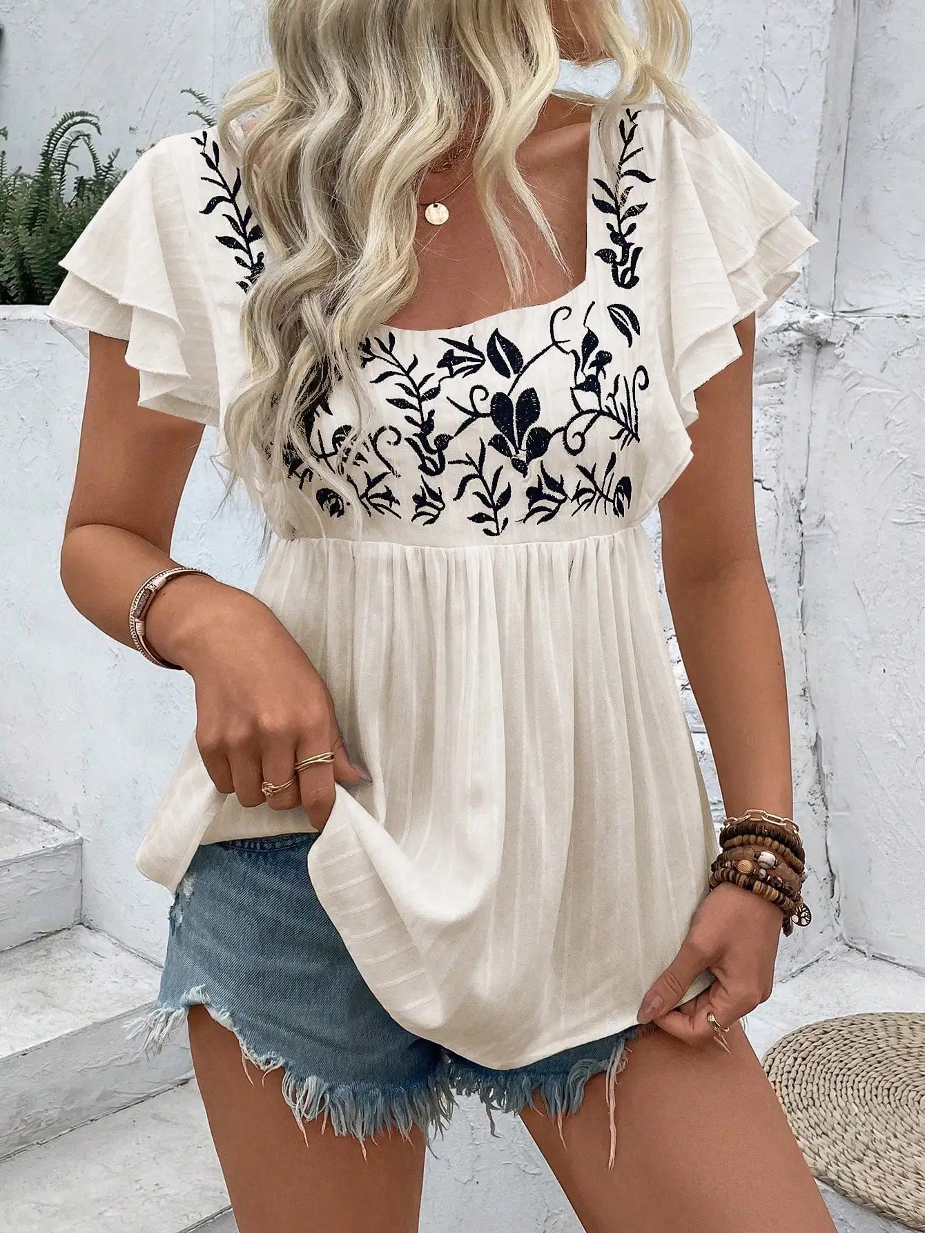Women's Summer Square Neck Embroidered Short Sleeve Peplum Top