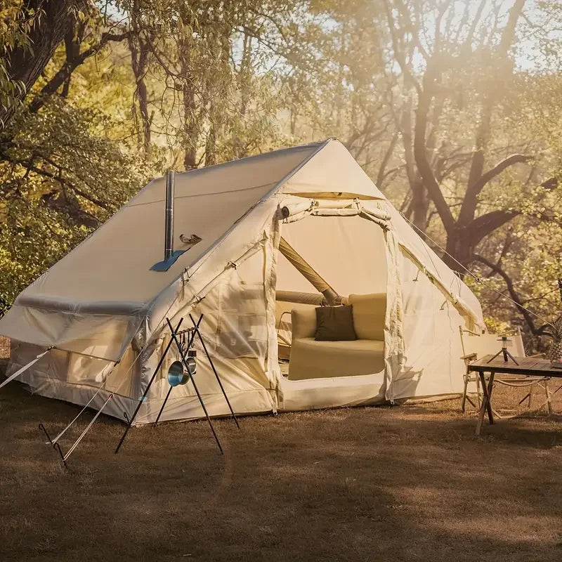 Inflatable Camping Tents 6-8 Person.,420D High-density Oxford Fabric Family Inflatable Tent House with Stove Jack&AC Vent, Easy Setup Blow up Tent with High Pressure Pump