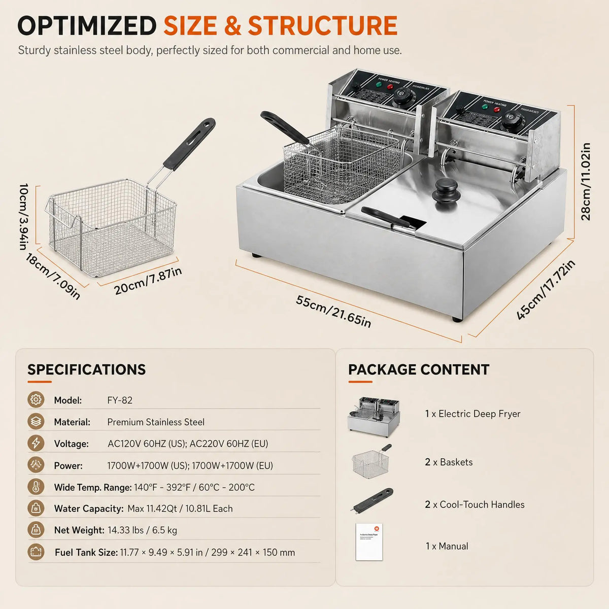 Commercial Deep Fryer, 3400W Electric Countertop Fryer with 2 Baskets & Lids, 22.8QT Dual Tank Stainless Steel .
