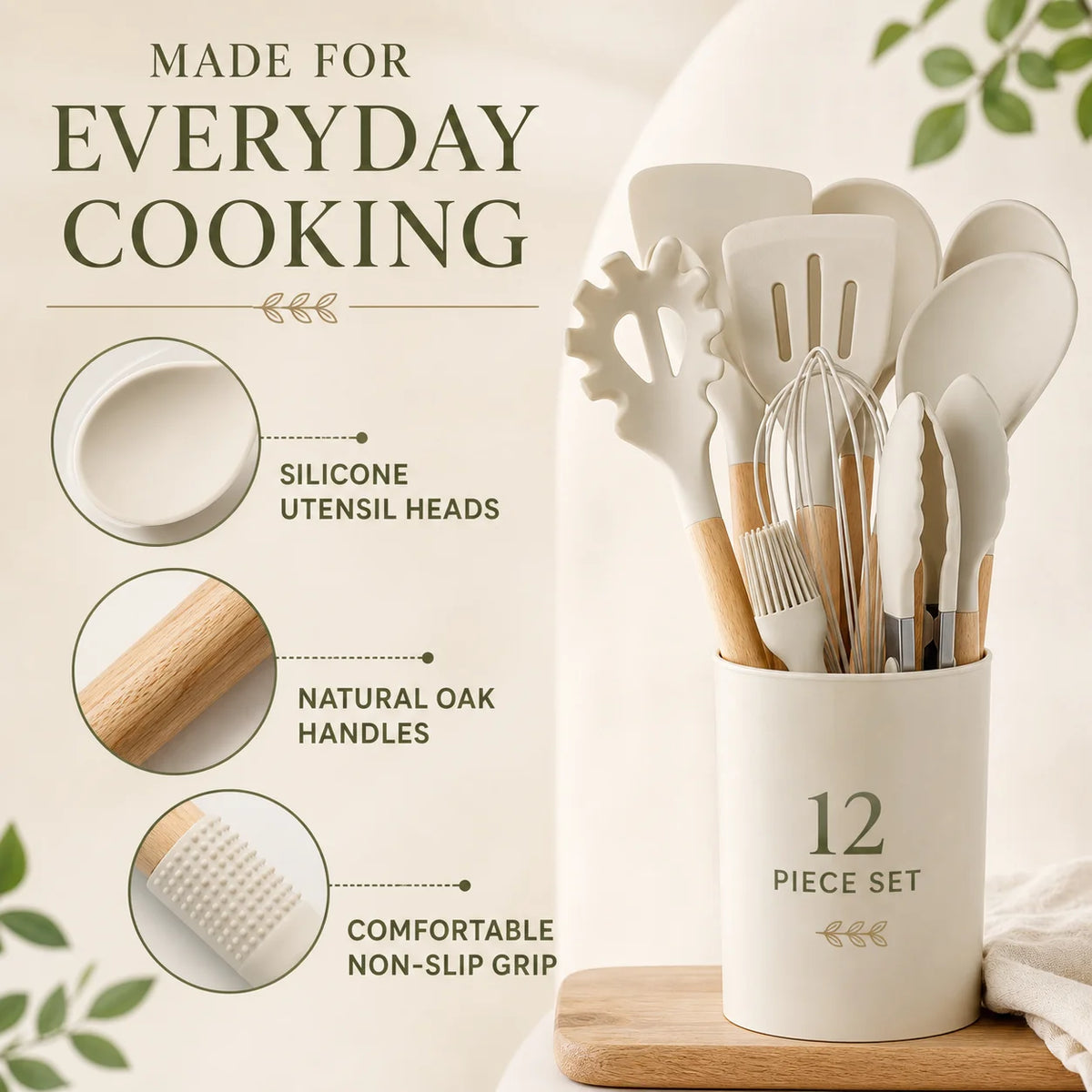 Silicone Kitchen Utensil Set with Holder, Beige Wooden Handle.
