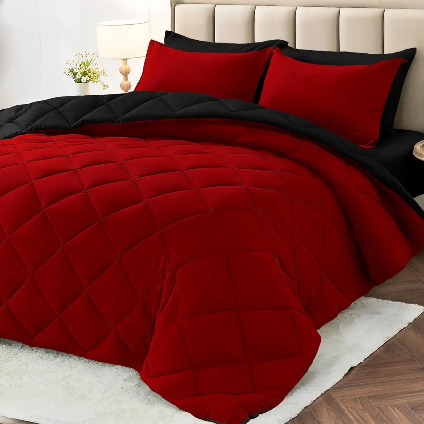 7 Pieces California King Comforter Set Reversible Bed in a Bag.  Red Black