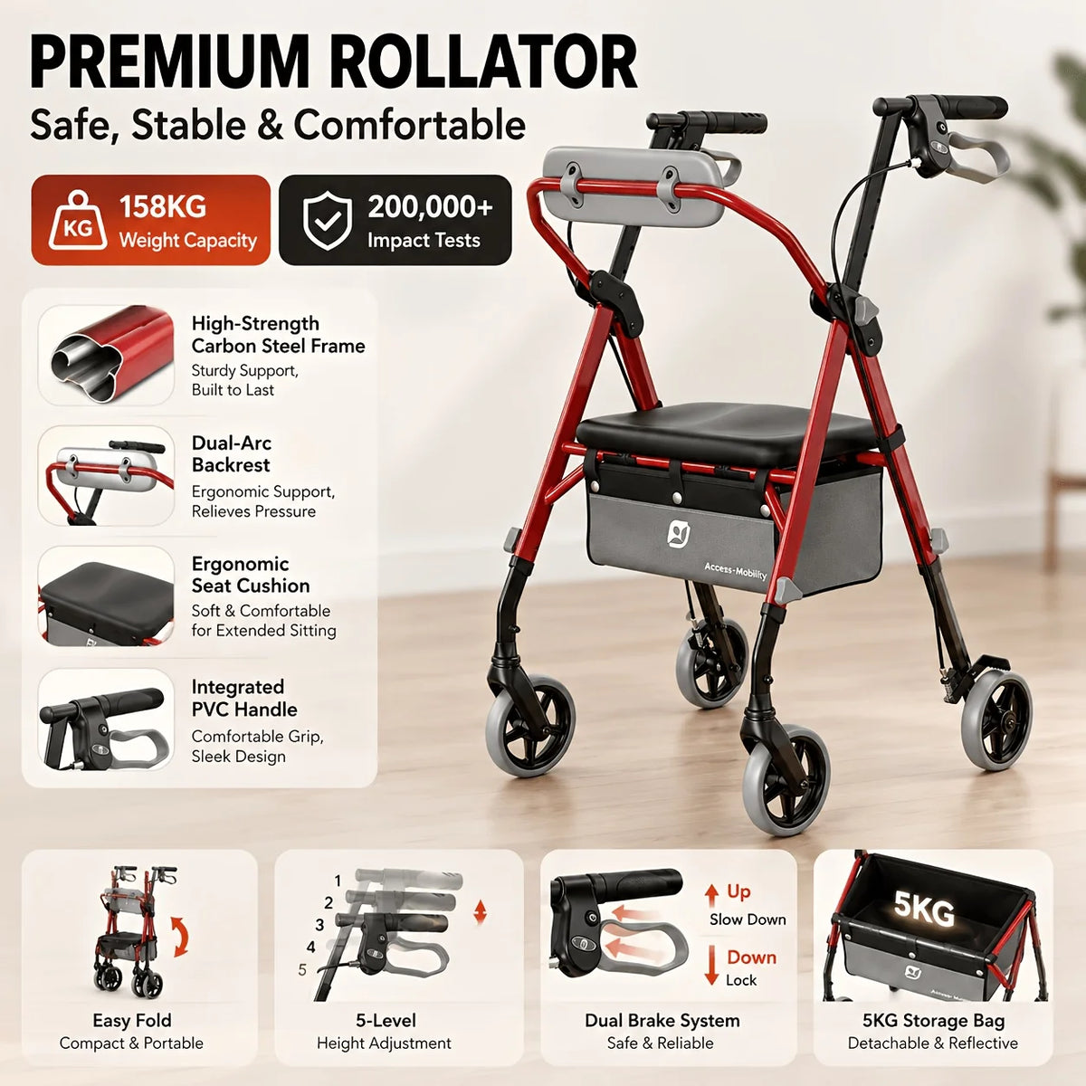 Walkers For Seniors, Maidesite Rollator Walker With Seat, Max 350 Lbs, Avant Walkers With Ergo Seat & Backrest
