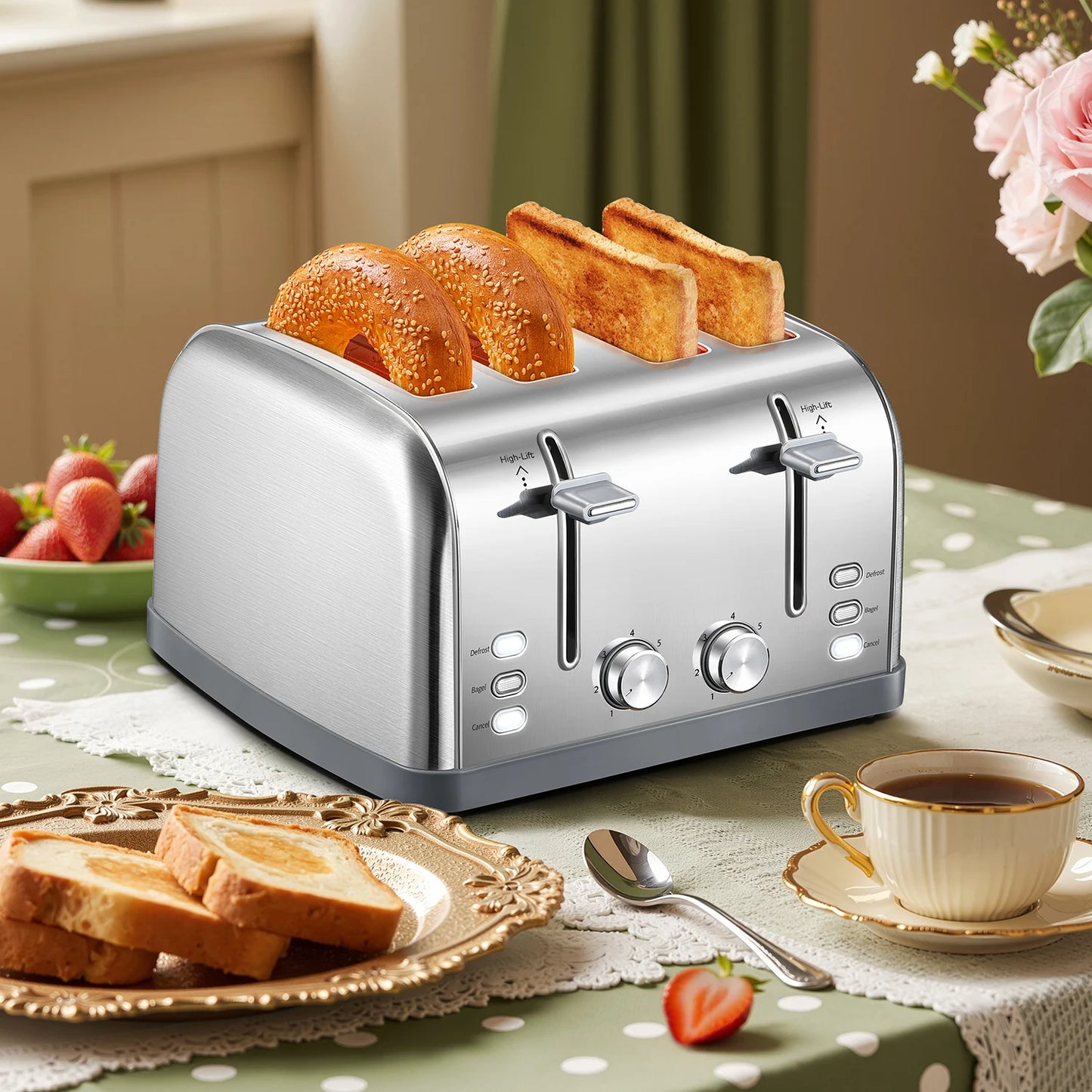 4 Slice Stainless Steel Toaster, Extra Wide Deep Slots for Thick Bread & Bagel, High Lift Lever Design, 7 Browning Shades with Warm Rack, Removable Crumb Tray, Silver