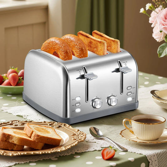 4 Slice Stainless Steel Toaster, Extra Wide Deep Slots for Thick Bread & Bagel, High Lift Lever Design, 7 Browning Shades with Warm Rack, Removable Crumb Tray, Silver