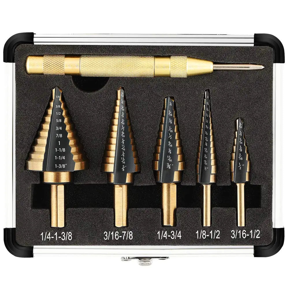 5-Piece Titanium-Coated High Speed Steel with Automatic Center Punch for Drilling Sheet Metal.
