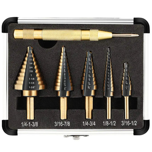 5-Piece Titanium-Coated High Speed Steel with Automatic Center Punch for Drilling Sheet Metal.