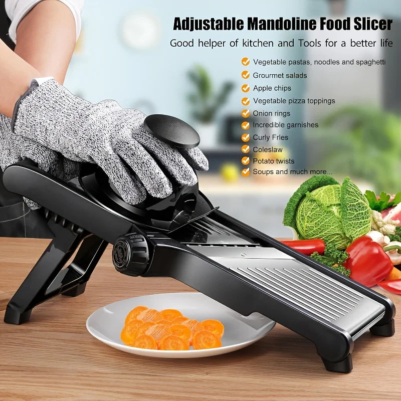 Stainless Steel Mandolin Slicer with 5 Blades & Holder - Safe Hand Guard.