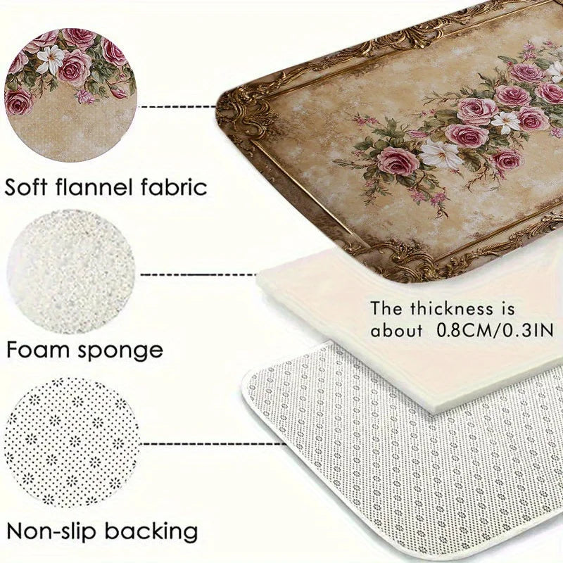 Vintage Floral Flannel Washable Non Slip Door Mat