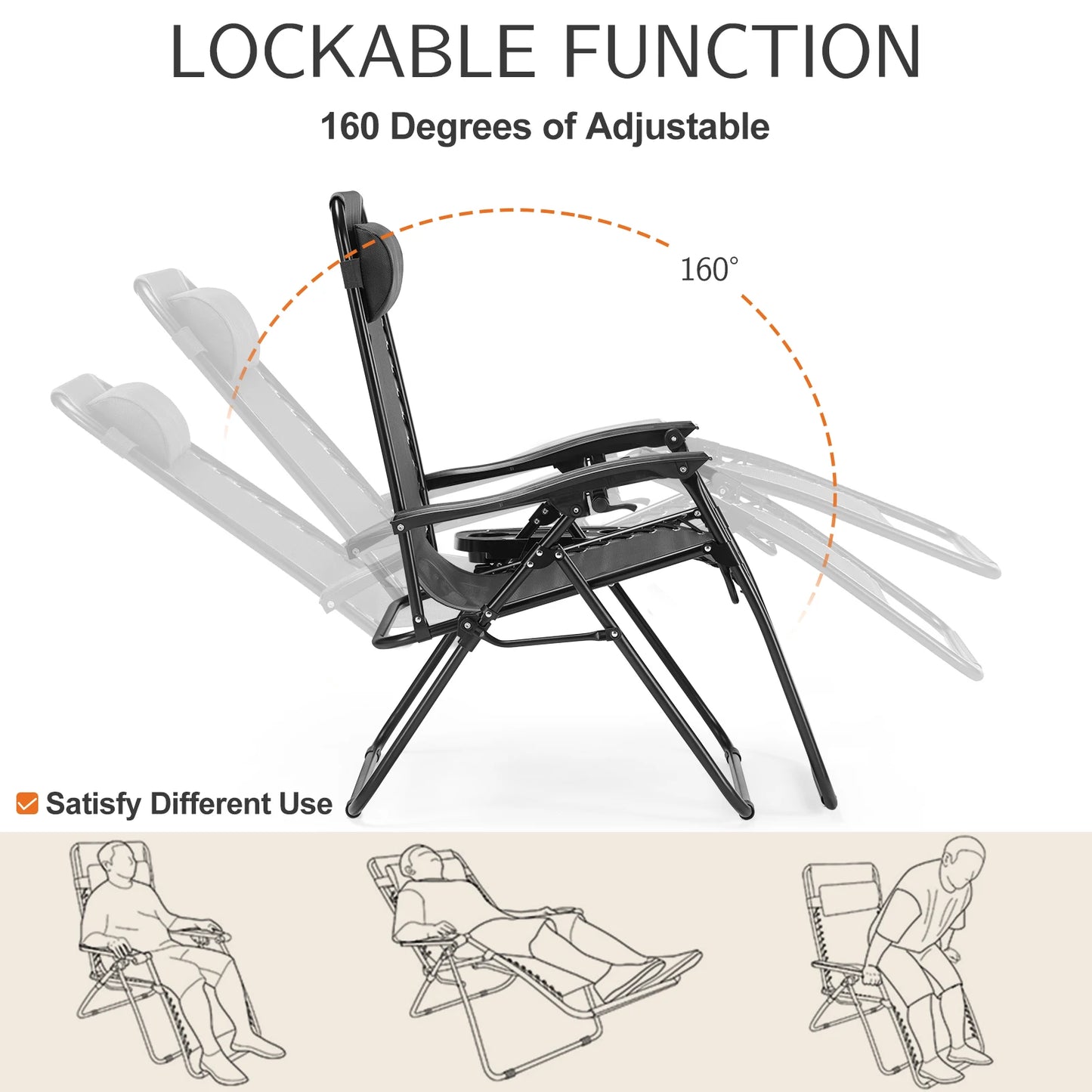 Zero Gravity Portable Recliner  with Cup Holder Trays Adjustable Pillow.