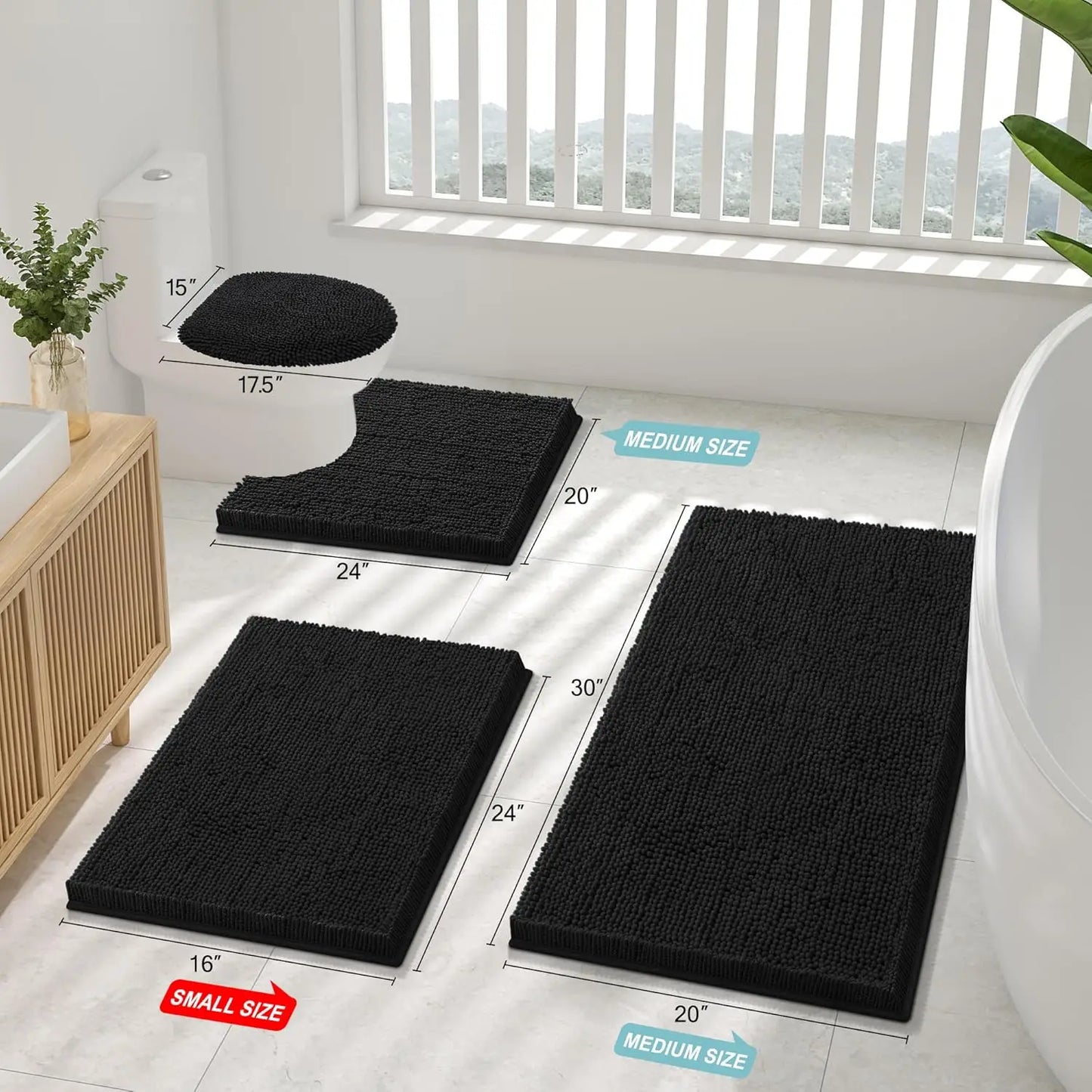 Luxury Chenille Bathroom Rugs 30x20, Extra Soft Absorbent Shaggy Bath Mat,. Black