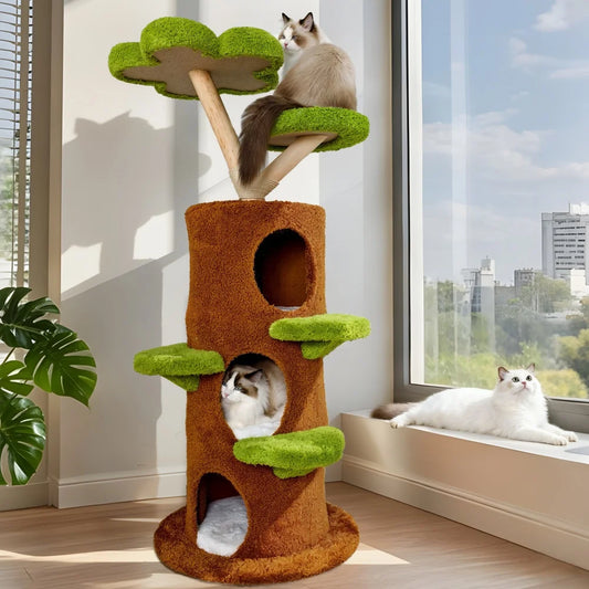 Luxury Wood Modern Cat Tree Tower Cat Scratching Post with Condo Bed .