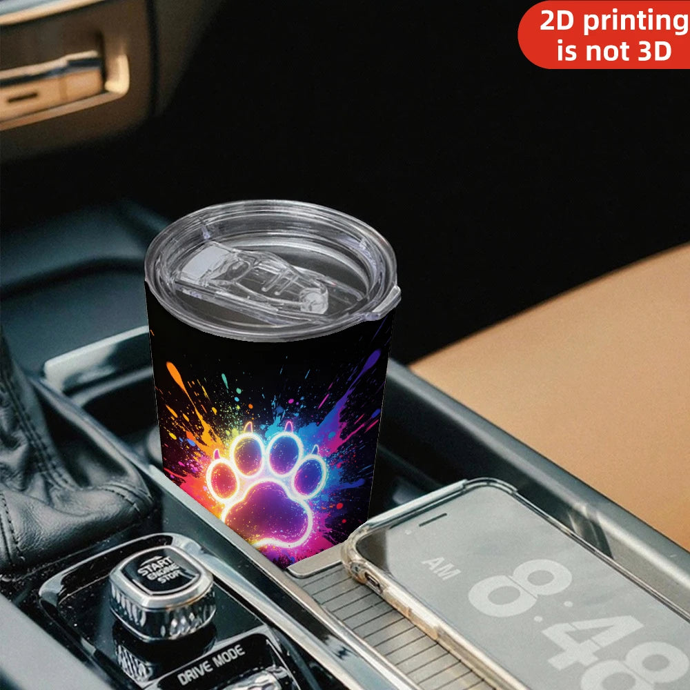 20oz Neon Glowing Paw Print Printed Stainless Steel Tumbler with Lid and Straw, Colorful Paint Splatter Dog Cat Paw Pet Lover .