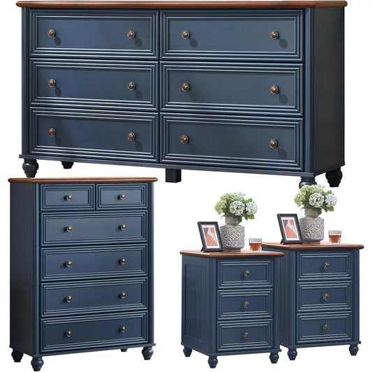 4-Piece Wooden Bedroom Furniture Set: 6-Drawer Dresser & 43.5 Tall Chest, 18 Column Nightstands