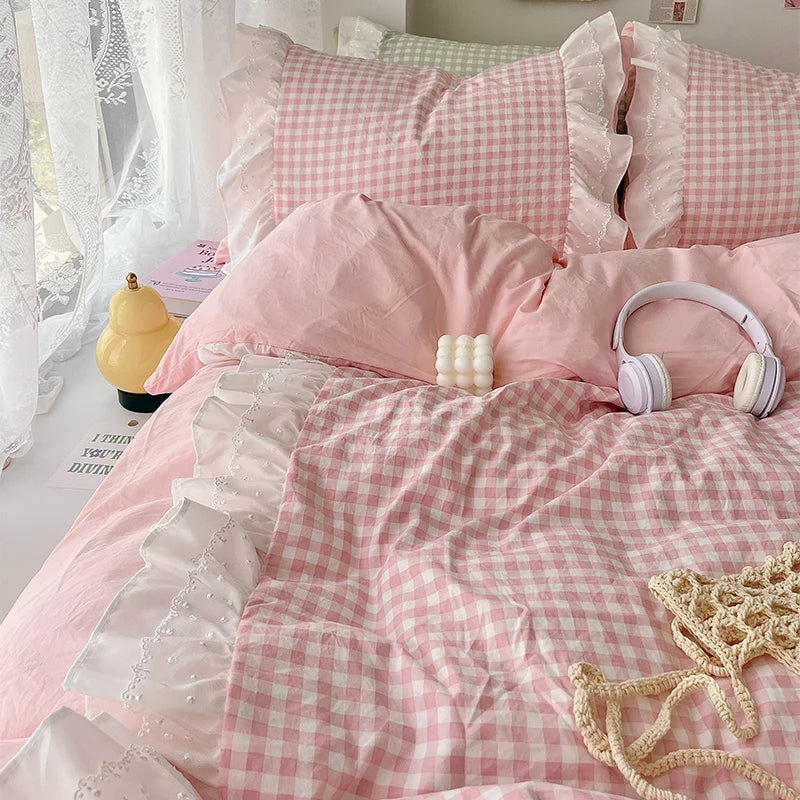 3 Piece Sheet Set  pink plaid duvet cover Set  Bedspread for All Season