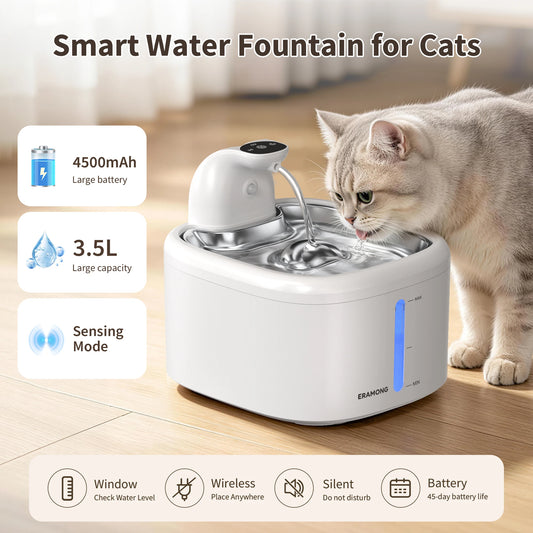 Automatic Cat Water Dispenser 118Oz/3.5L with Motion Sensor And Multiple Modes, Stainless Steel Tray Wireless Cat Fountain USB Rechargeable for Indoor Use, . 2 Filter Cartridges