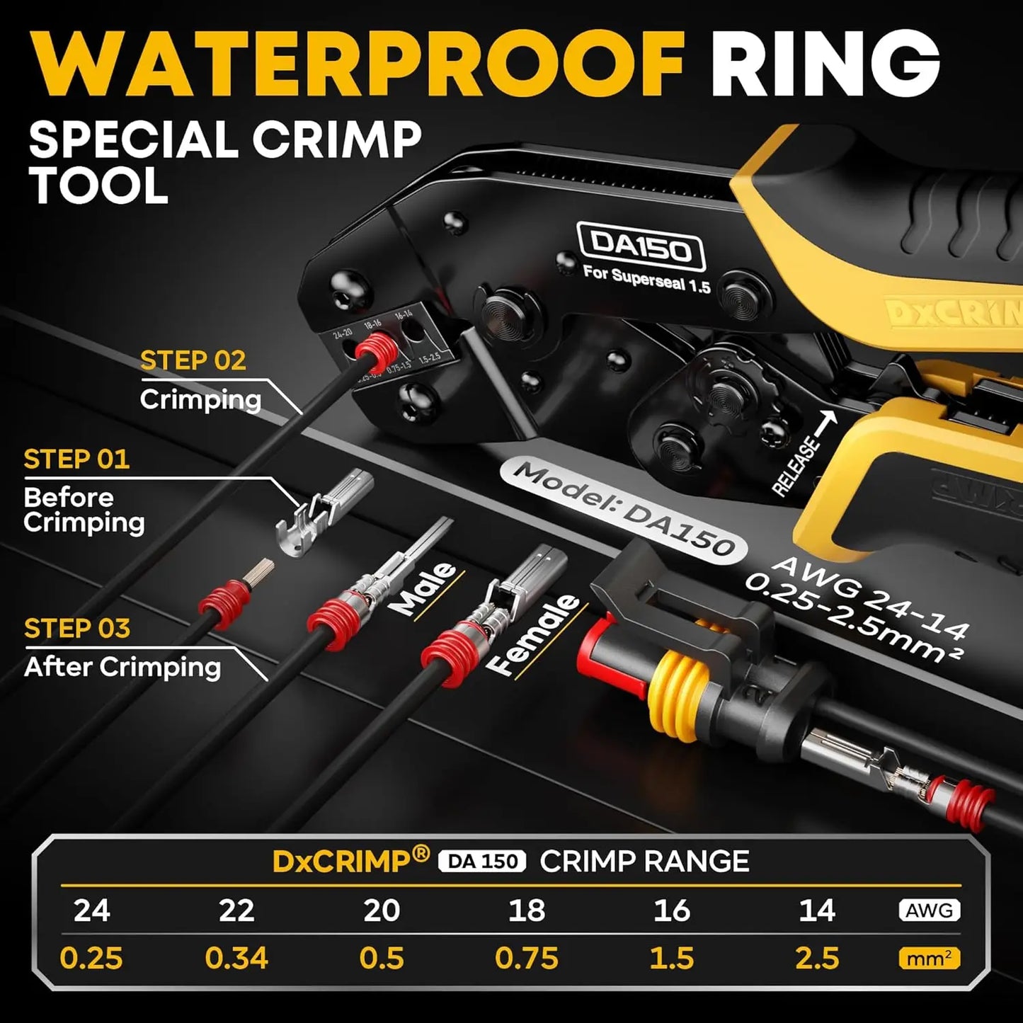 Waterproof Automotive Electrical Connectors Crimping Tool Kit, 1/2/3/4 Pin Plugs, Ratchet Crimper for 24-14 AWG, Removal Tools