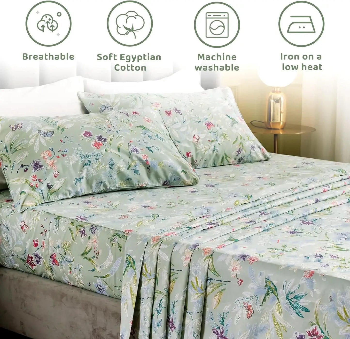Queen Size Floral Sheet Set with Green Flower Bird Butterfly Print - Botanical Egyptian Cotton Bed Sheets.