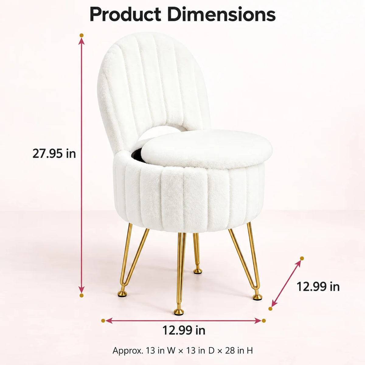 White Faux Fur Vanity Stool Chair with 7.9 Liter Hidden Storage Folding Backrest Thick Padded Seat Gold Metal Legs .