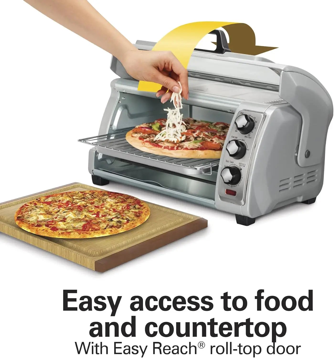 6 Slice Countertop Toaster Oven With Easy Reach Roll-Top Door, Bake, Broil & Toast Functions, Auto Shutoff, Silver .