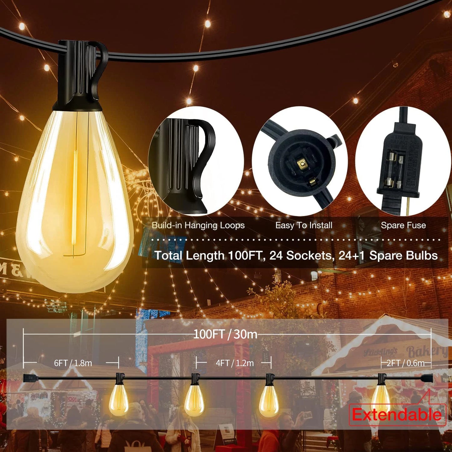 100FT S14 LED String Lights, 24 Bulbs, 2700K Warm White, E12 Base, Black Cord, .