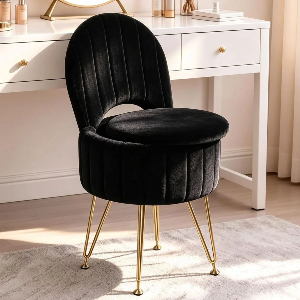White Faux Fur Vanity Stool Chair with 7.9 Liter Hidden Storage Folding Backrest Thick Padded Seat Gold Metal Legs .