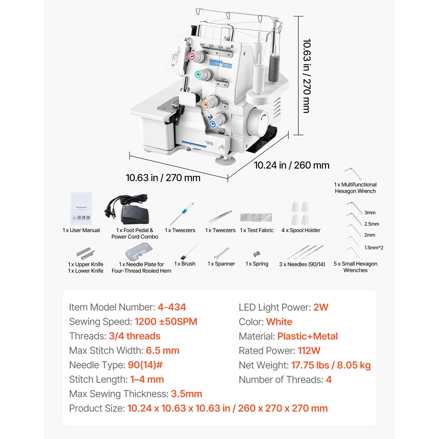 Serger Overlock Sewing Machine 1250 Stitches Per Minute 2-3-4 Thread Capability 0.7-2 Adjustable Differential Feed