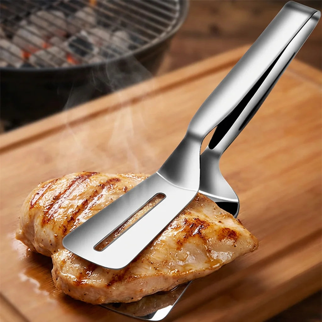 Durable Stainless Steel Steak Clip - Multifunctional Grill Tongs with Spatula,