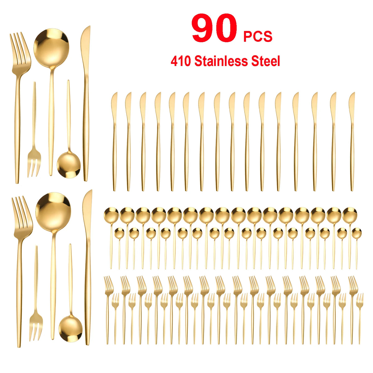 90Pcs Gold Stainless Steel Silverware - Heavy Duty Cutlery, 420 Stainless Steel Tableware Set .