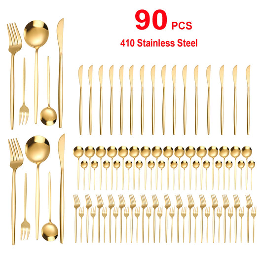 90Pcs Gold Stainless Steel Silverware - Heavy Duty Cutlery, 420 Stainless Steel Tableware Set .