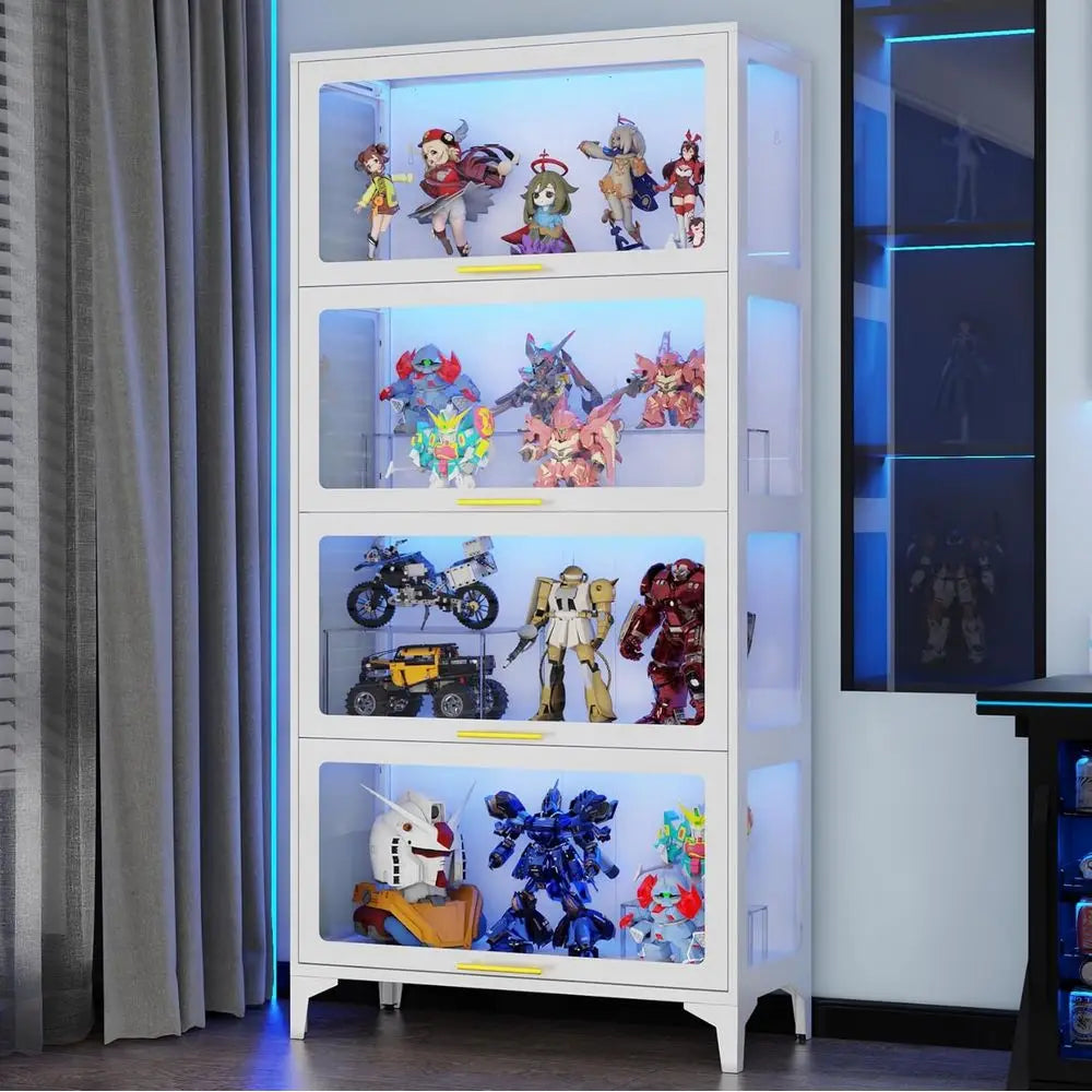 65 Tall Glass Display Cabinet with RGB LED Lights, 4-Tier Showcase for Figurines, Collectibles, Books (White)