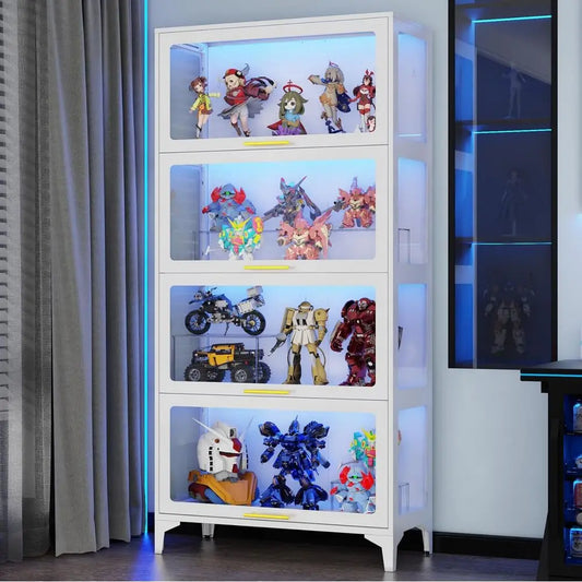 65 Tall Glass Display Cabinet with RGB LED Lights, 4-Tier Showcase for Figurines, Collectibles, Books (White)
