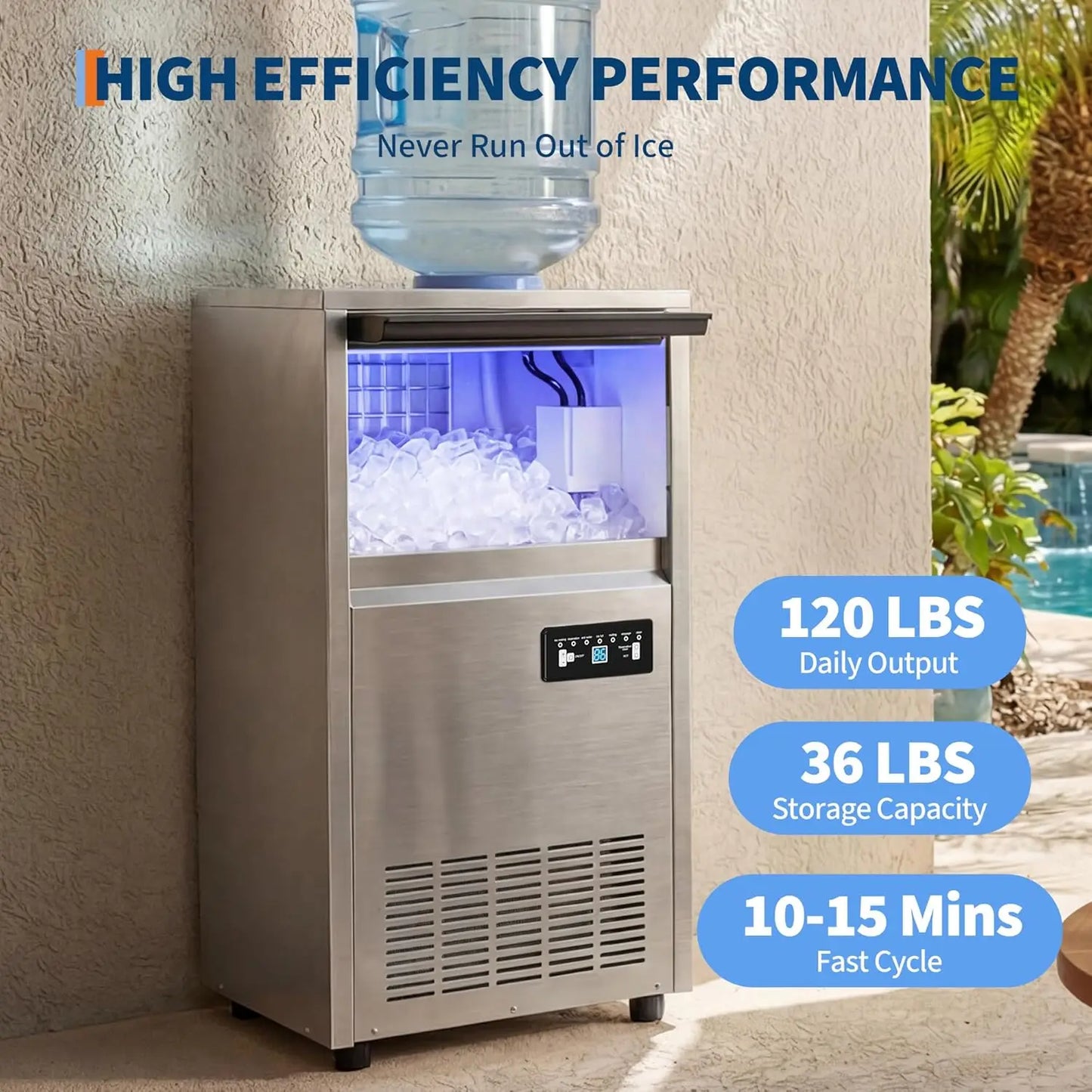 Commercial Ice Maker Machine 130lbs/24h, 36lbs Storage.