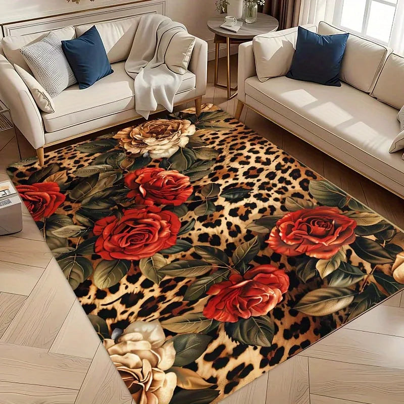 1Pc/ 8mm Vintage Leopard Print Rose Esports Room Floor Mat. Machine Washable .