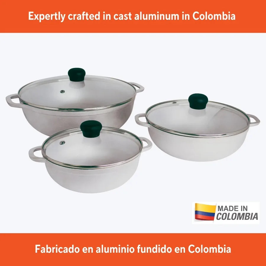 1.5/2.5/5.2qt Cast Aluminum . 3pc Set with Glass Lid - 18/22/28cm Tempered Glass Lid, Riveted Handle.