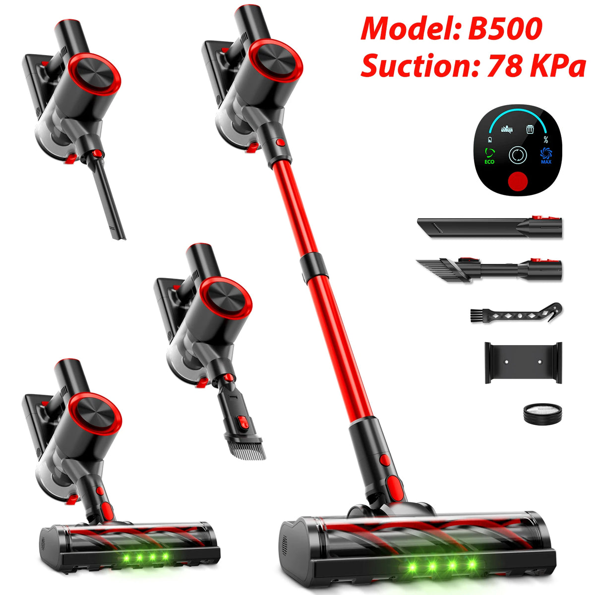 78KPa Powerful Cordless Vacuum Cleaner LED Display 45Mins Self Standing Stick Vacuum 1.5L Large Dust Cup .